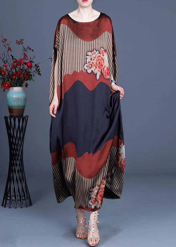 Chic Color block Batwing Sleeve Silk Maxi Dresses Summer