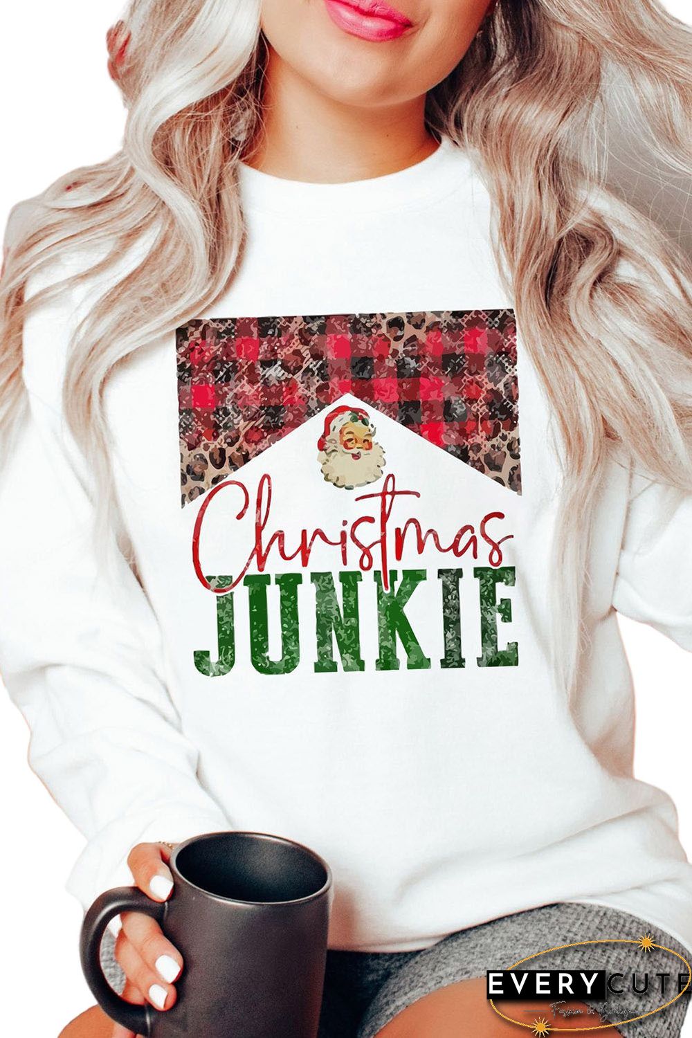 White Christmas JUNKIE Plaid Print Pullover Sweatshirt