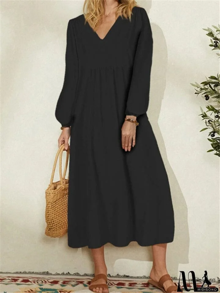 MidiSono - V-Neck Loose Puff Long Sleeve Dresses