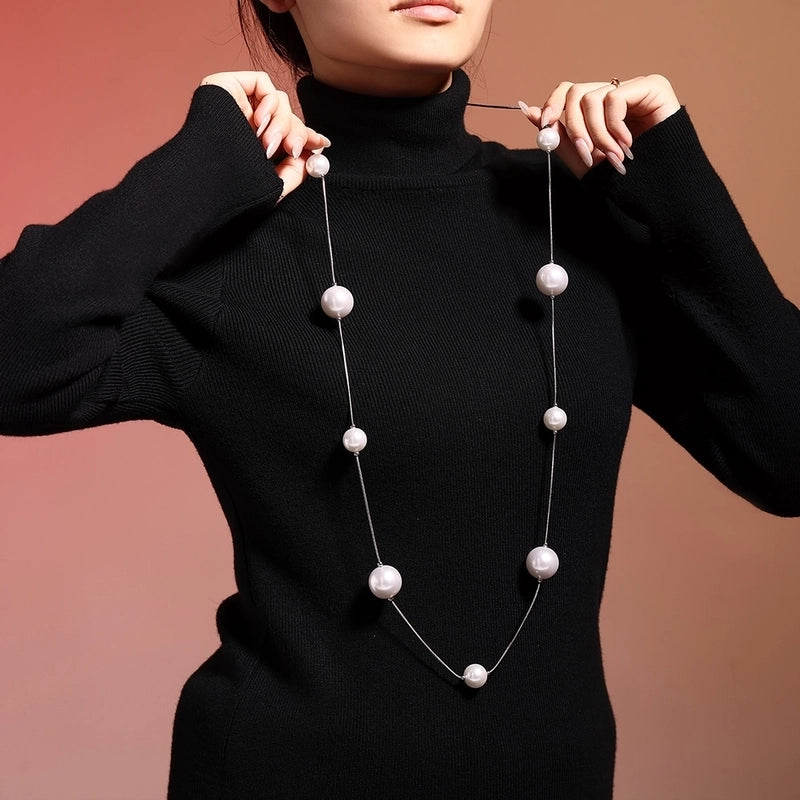 Europe And America Geometric Highlight Shell Pearls Sweater Chain Stainless Steel 18K Gold Plated PVD Long Sweater Accessories