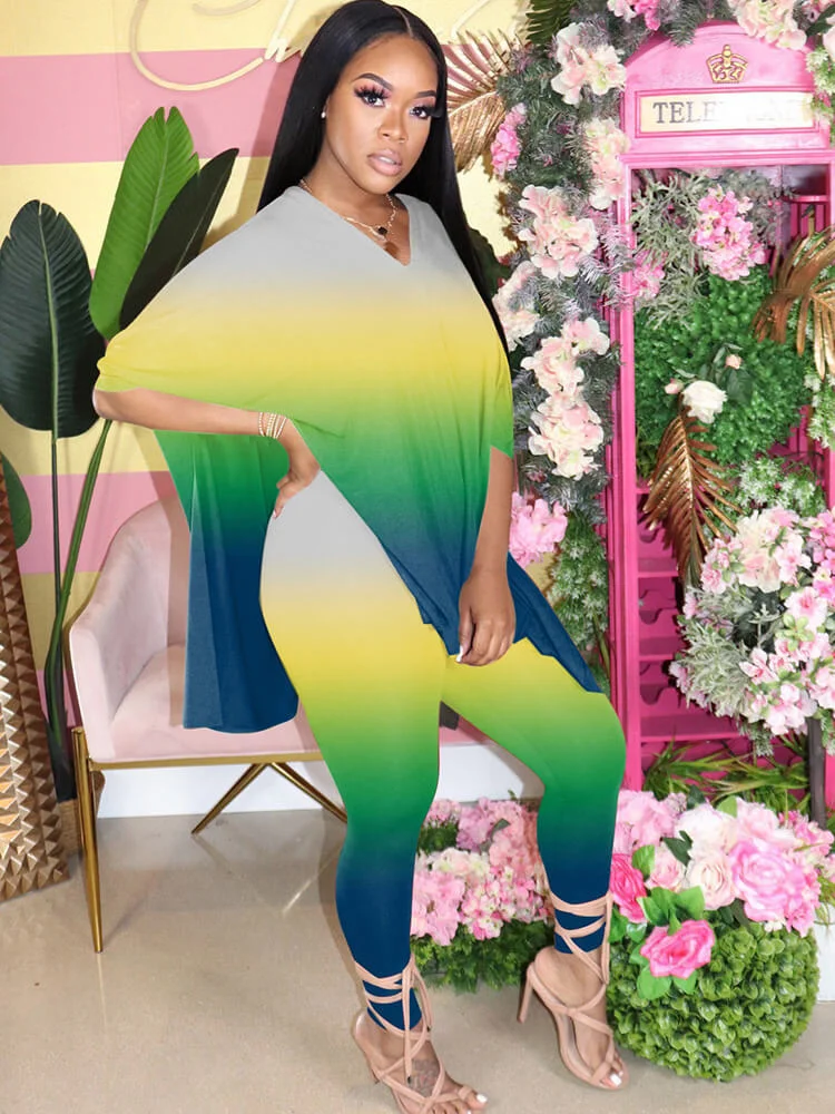 Plus Size Two Piece Tie Dyed Slit Tops+Bodycon Pants Sets