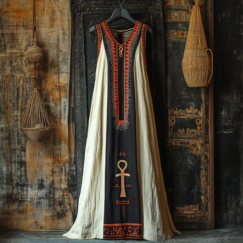 Vintage Egyptian Ankh Embroidered Linen Maxi Dress