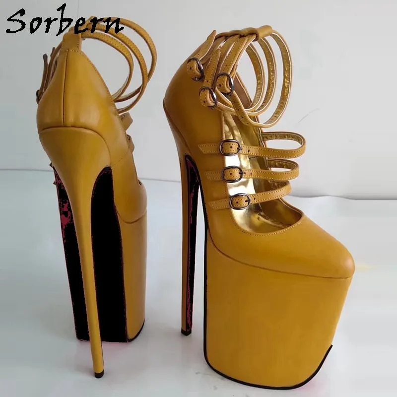 VCSHOES 28Cm High Heel Women Pump Shoes Ginger Yellow Ankle Multi Straps Pointed Toe Platform Size 38 Real Leather Custom Color