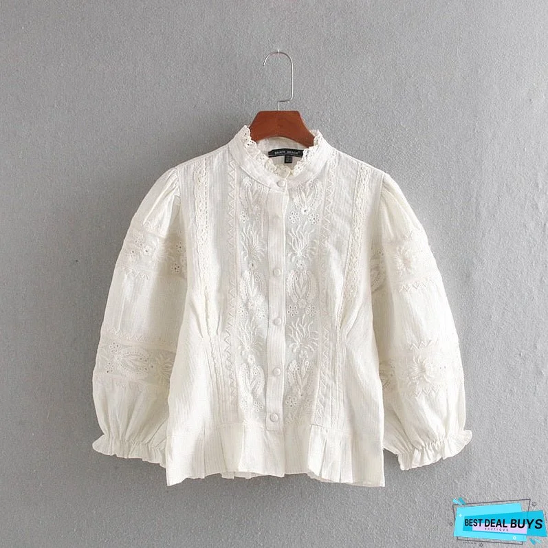 Joskka Stylish Women Blouse Embroidery Shirt Autumn New Fashion Hollow Out Lace Patchwork Striped Modern Lady Short Tops Fall Outfits