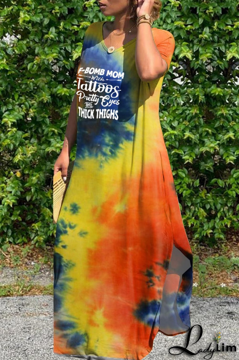 Pink Casual Letter Print Tie-dye V Neck Short Sleeve Dress Dresses