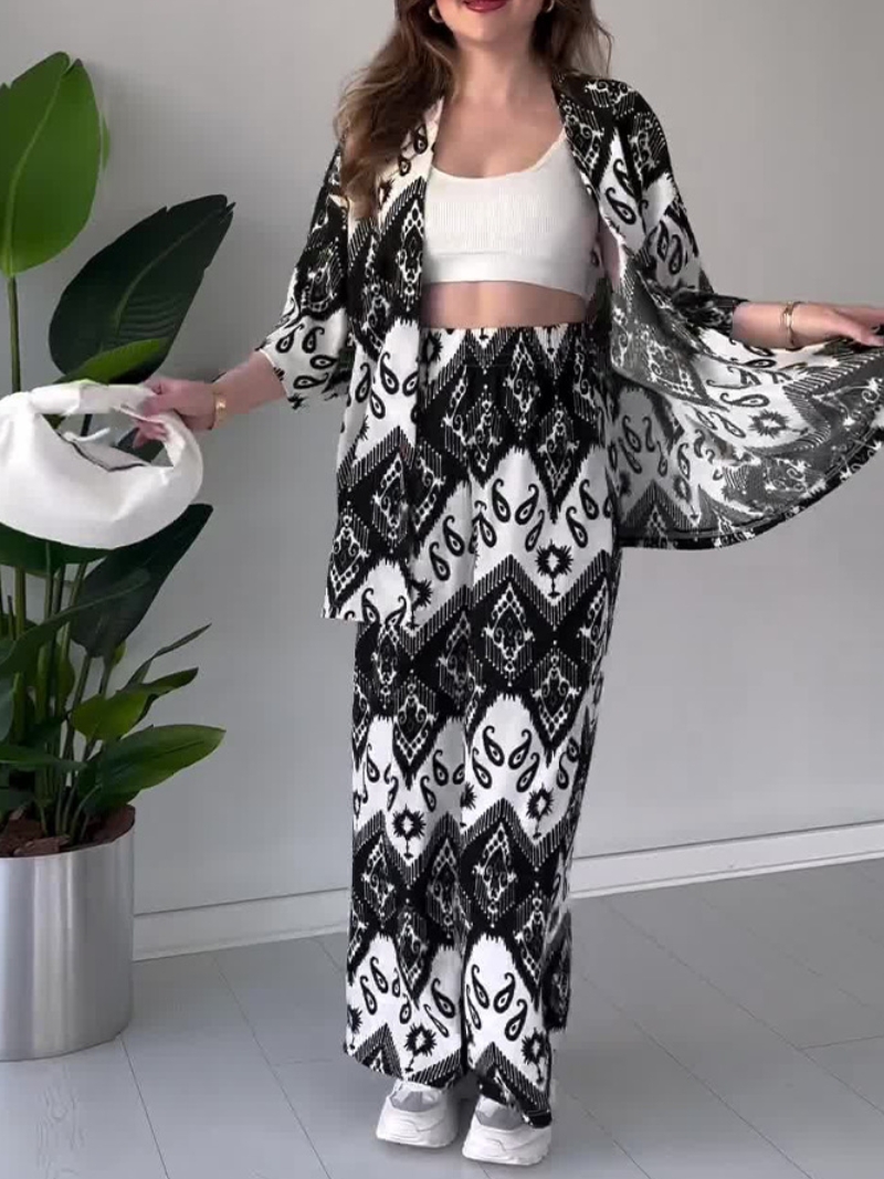 Fashionable Chic Printed Mid-sleeve Cardigan and Wide-leg Pants Two-piece Set | Oxredo Shop Ramadan Sale