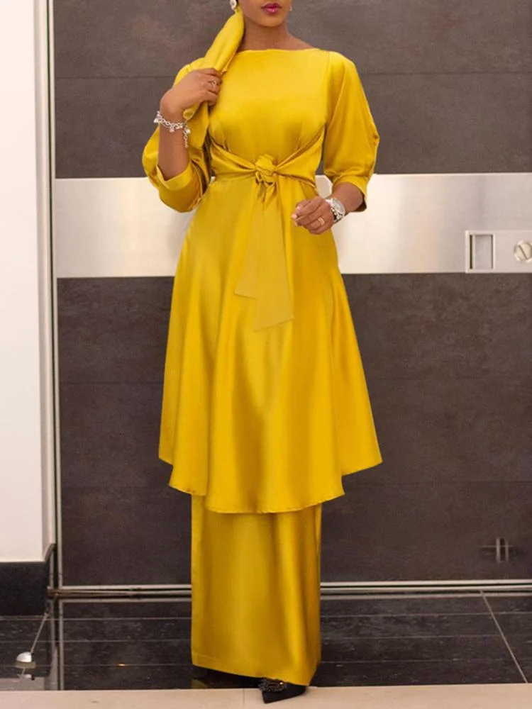 VONDA 2022 Elegant Skirt Sets Women Long Blouse Tunic Skirt Set 3/4 Sleeve Belted Satin Faldas Saia With High Waist Jupe Suits