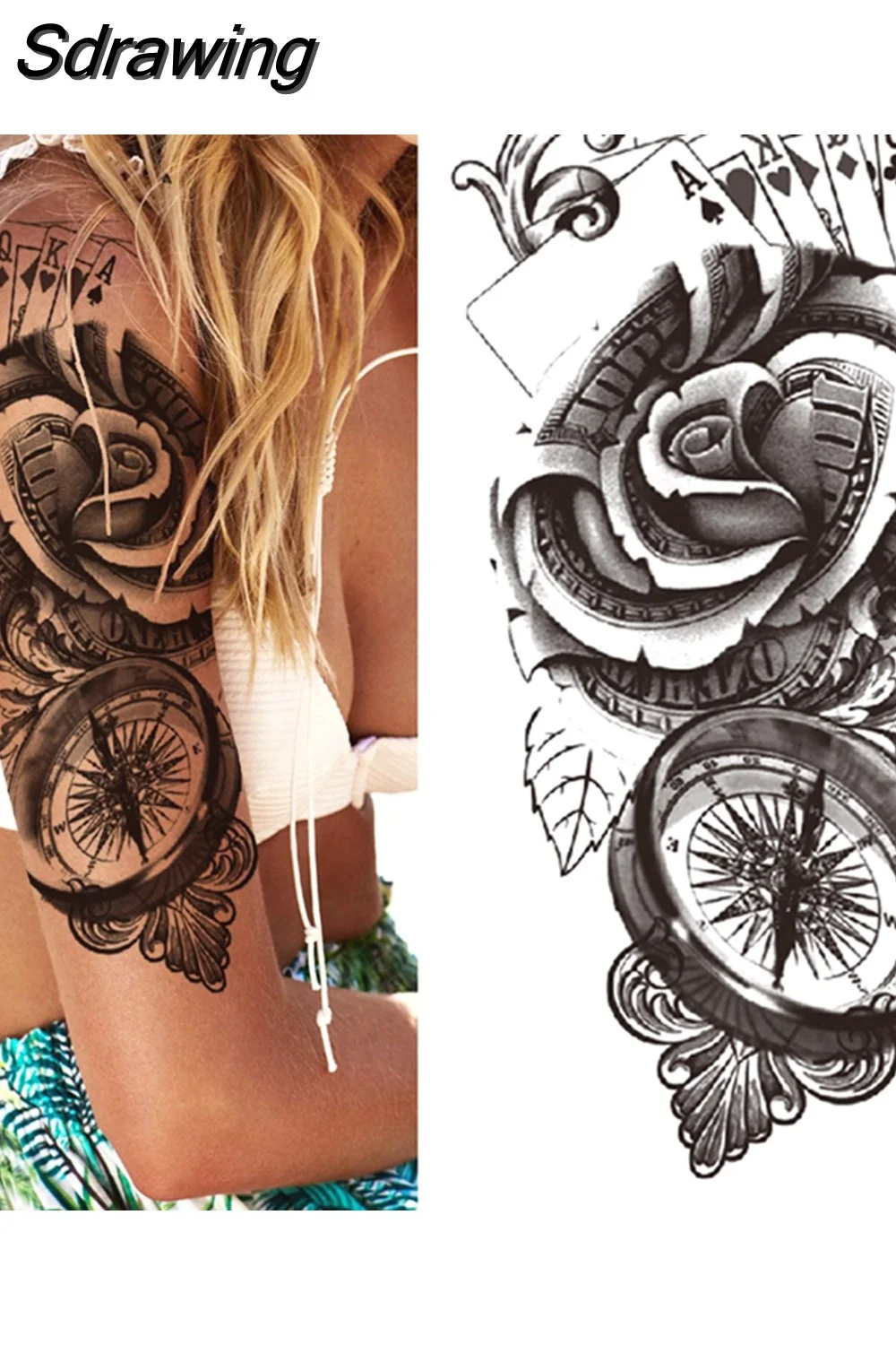Sdrawing Fake Peony Temporary Tattoos For Women Girl Black Rose Elephant Flower Tattoo Sticker Tiger Anemone Tatoos Half Sleeve 521-1