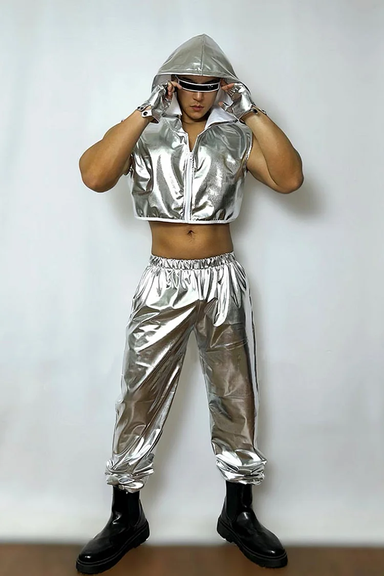 Metallic Zip-Up Hooded Vest Cuffed Pants Festival Silver Two Piece Set [Pre-Order]