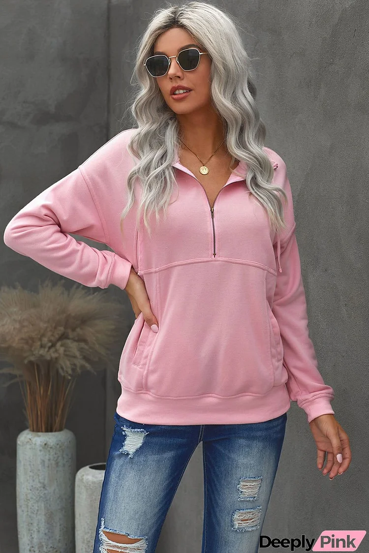 Cotton Pocketed Half Zip Pullover Pink Sweatshirt