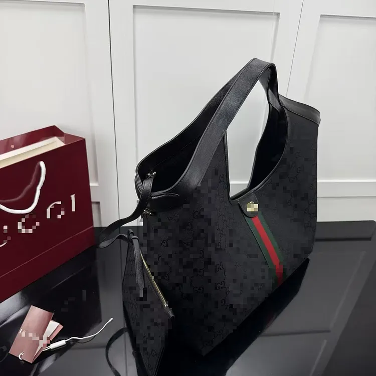  Large Tote Bag, Black GG Canvas, Leather Trim, Web Stripe, With Detachable Pouch, Women&rsquo;s Shoulder Handbag