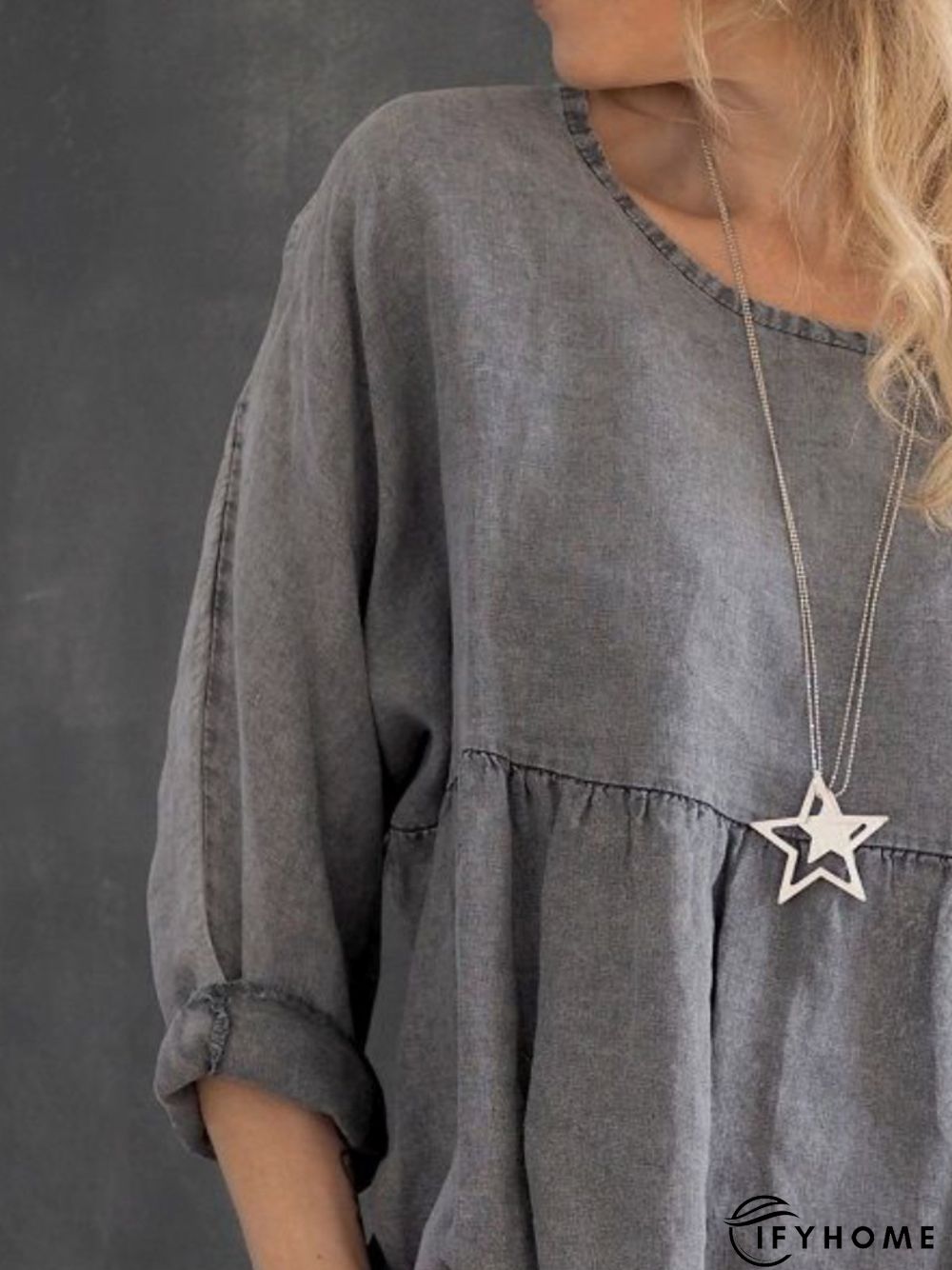 Gray Round Neck Cotton Plain 3/4 Sleeve T-shirt | IFYHOME