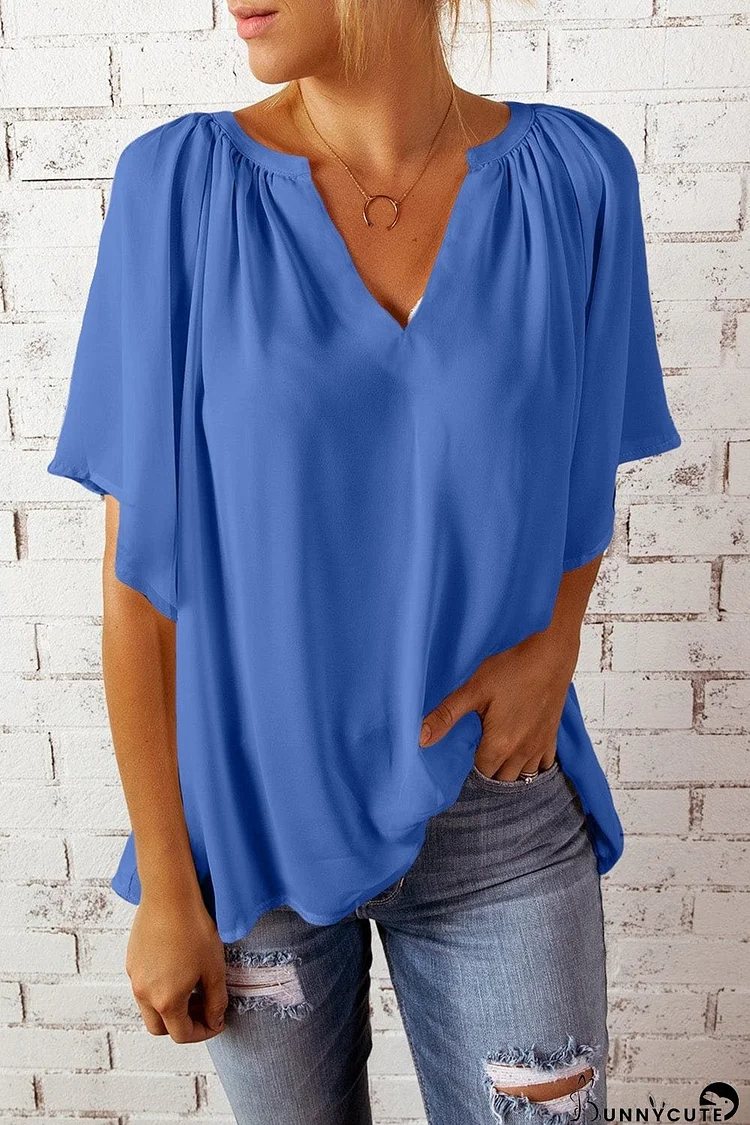 Blue Flutter Sleeve V-Neck Pleated Tunic Blouse