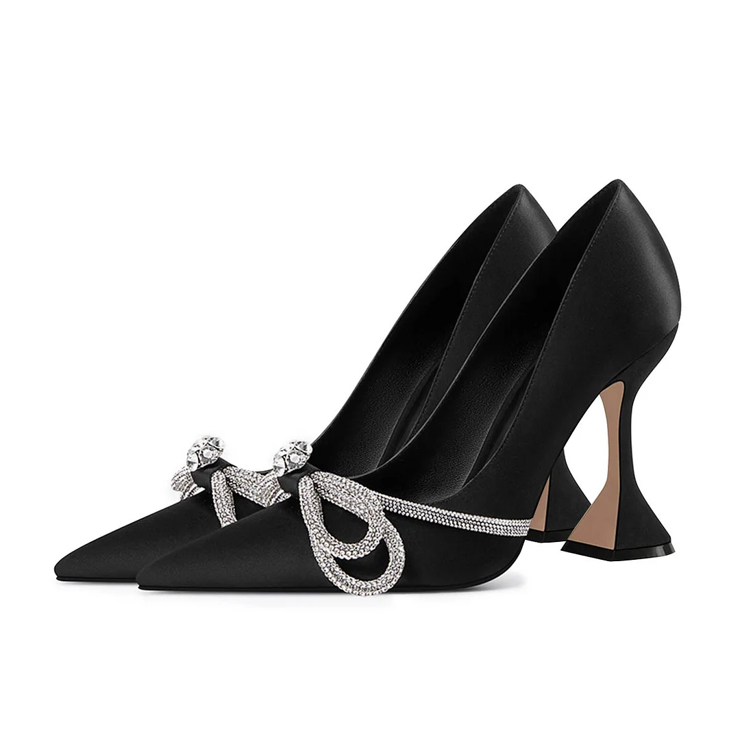 Satin Pumps Shoes Rhinestone Bow Pointed Toe Black High Heels