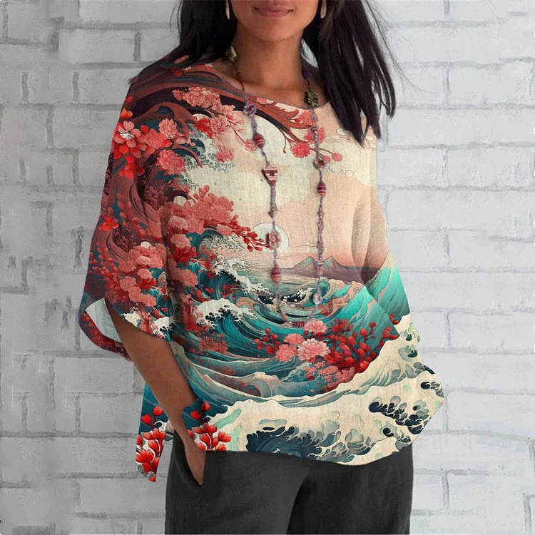Japanese Art Floral Sea Wave Print Crew Neck Casual T-Shirt