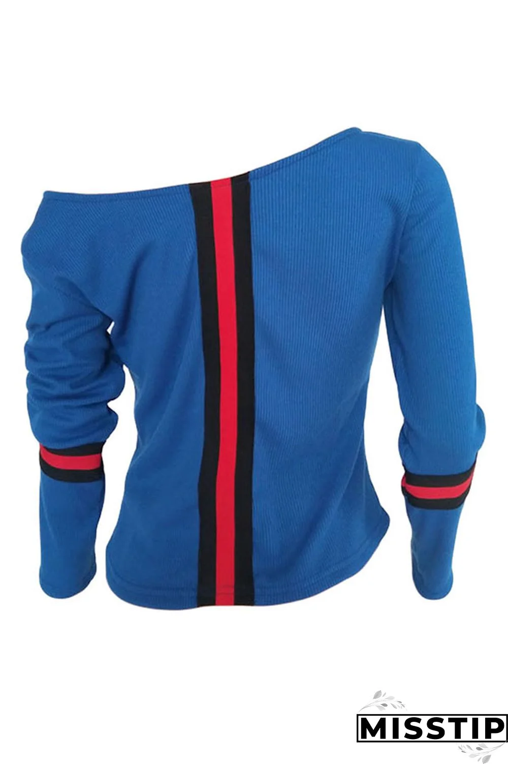 Blue One word collar Long Sleeve Patchwork Ribbon Solid