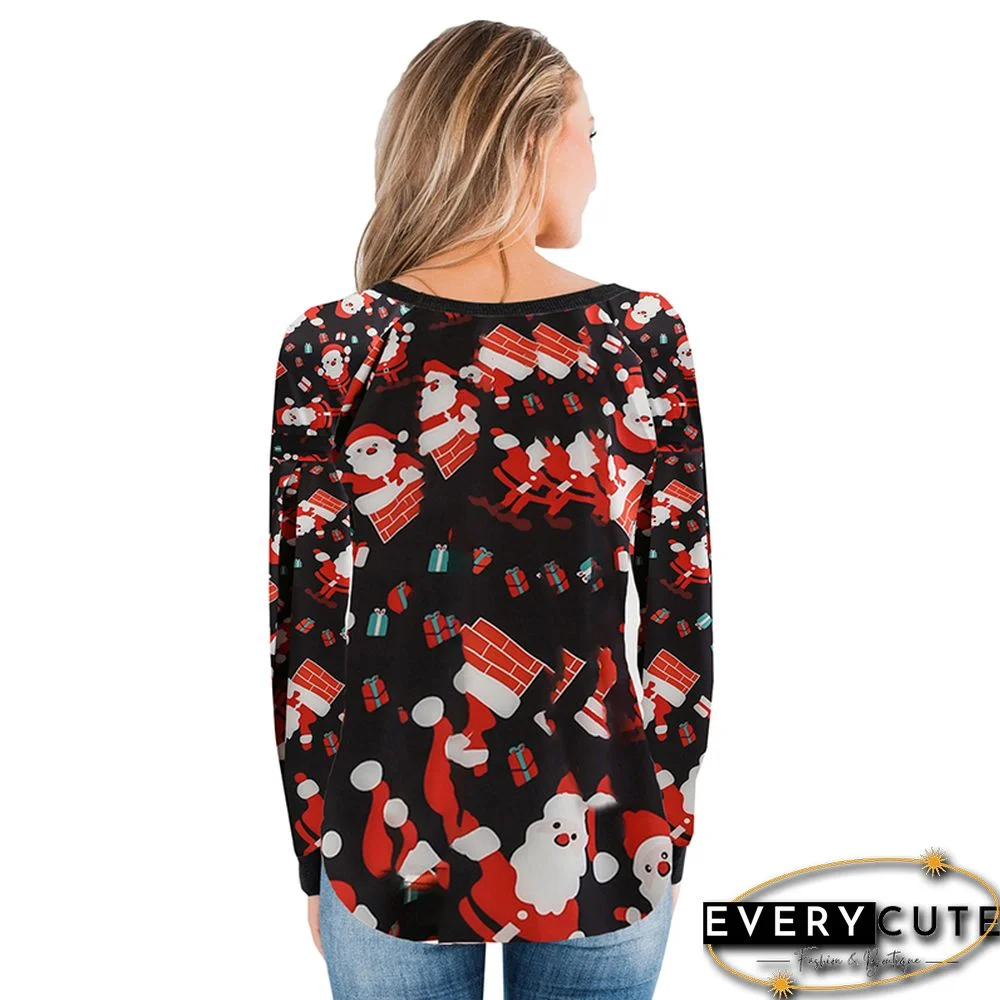 Red Santa Print Long Sleeve Tops