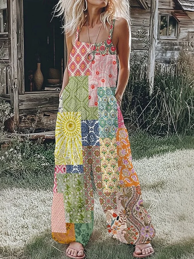 Women's Retro Pastoral Floral Stitching Printed Casual Loose Overalls 