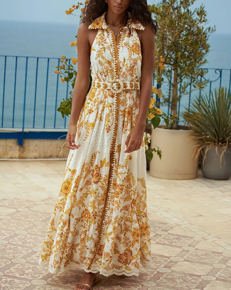 Belted Embroidered Floral Maxi Dress
