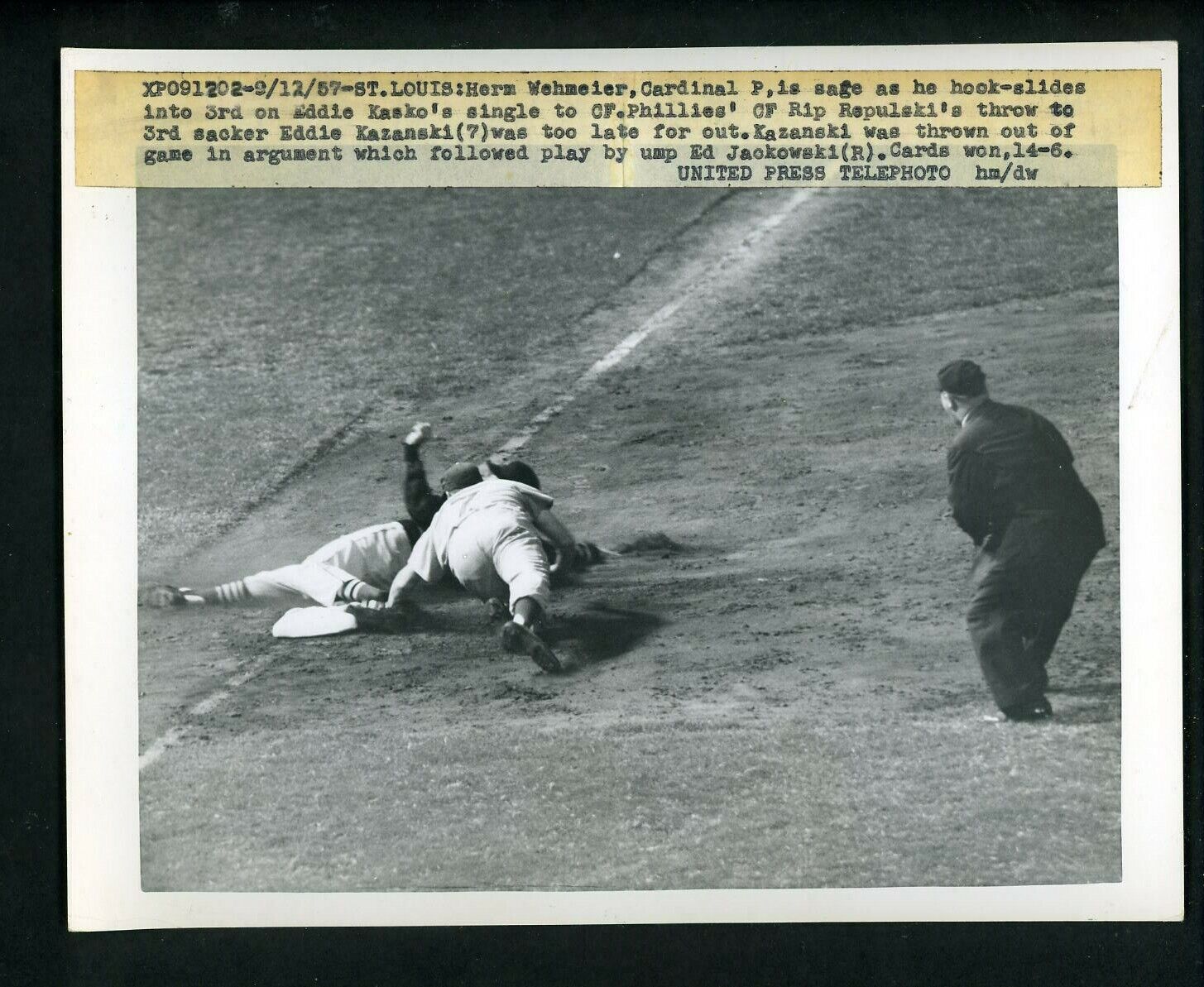 Herm Wehmeier & Ted Kazanski 1957 Press Photo Poster painting St. Louis Cardinals Phillies