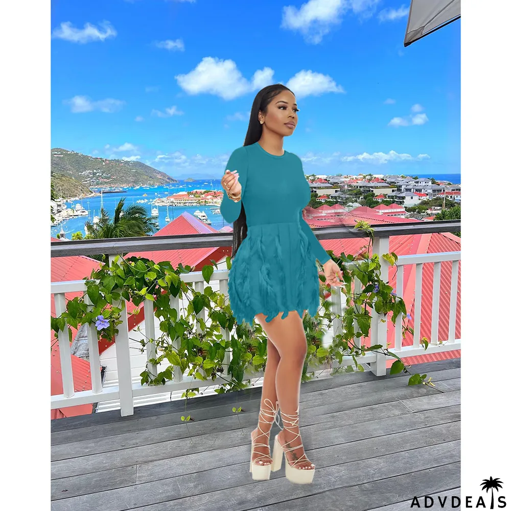 Solid Color O Neck Tassel Mini Dress