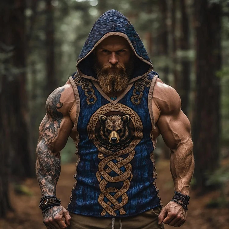 Men's Viking Celtic Knot And Bear Contrast Color Gradient Art Cozy Linen Hooded Vest