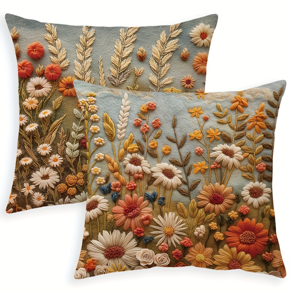 2pcs Boho Chic Autumn Wildflower Throw Pillow Covers, 18x18 Inch - Soft Short Plush, Zip Closure, Hand Washable - Perfect for Farmhouse Decor, Couch & Outdoor Spaces