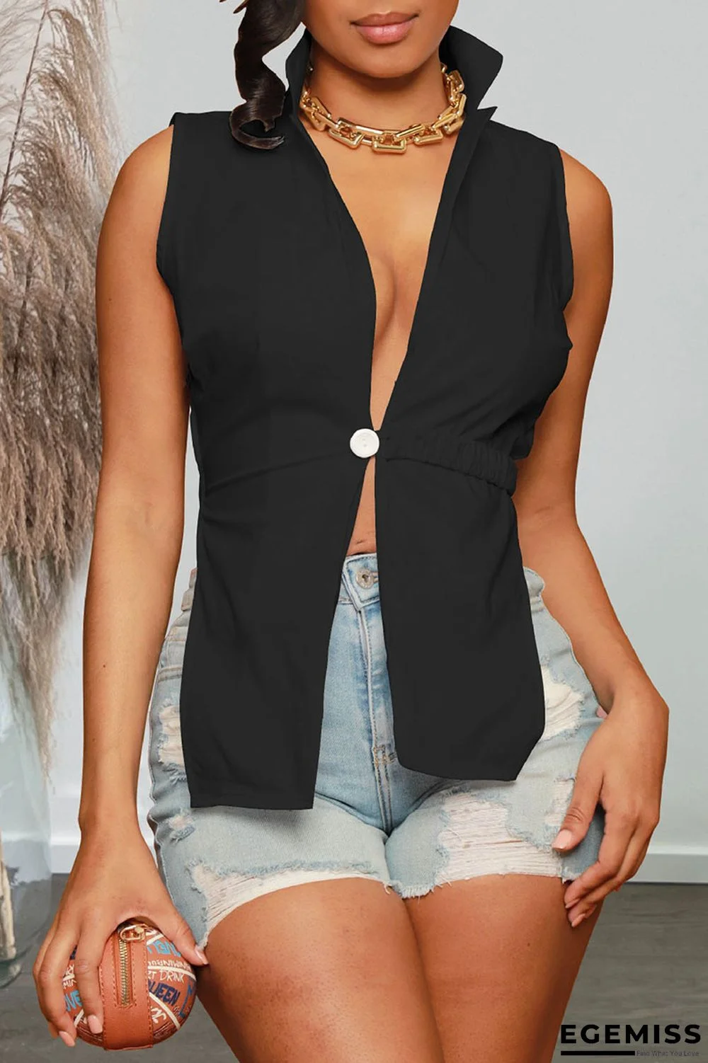 Black Sexy Solid Patchwork Backless Asymmetrical Turn-back Collar Tops | EGEMISS