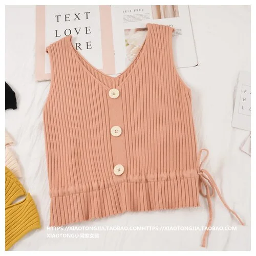 Sweater Vest Women V-neck Buttons Lace Up Crop Top Solid Korean Style Ins Autumn Sweaters Sleeveless Womens Chic Simple Stylish