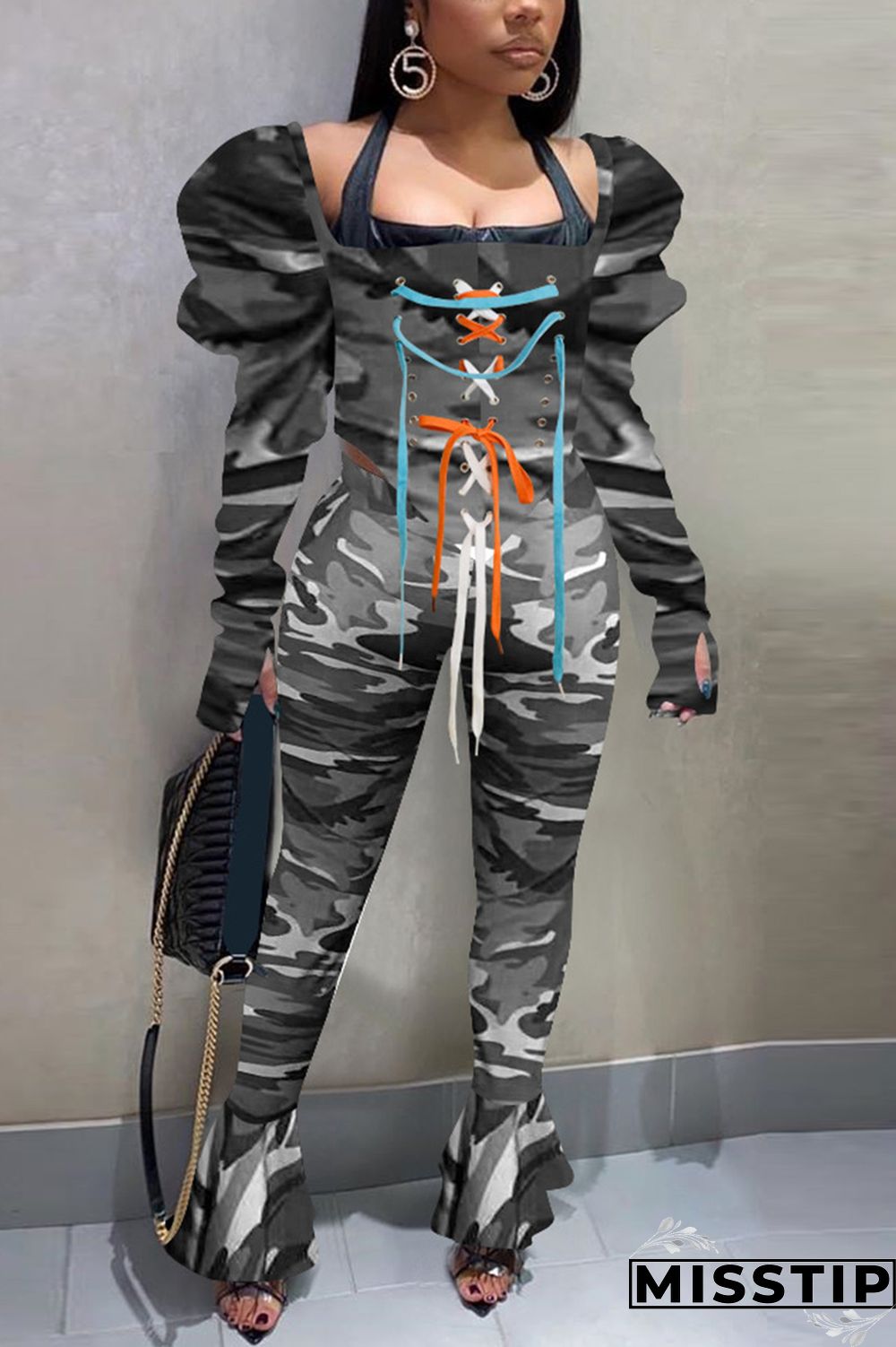 Deep Blue Sexy Casual Camouflage Print Strap Design Square Collar Long Sleeve Two Pieces