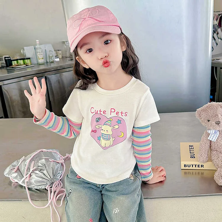 可愛い ファッション ストライプ柄 長袖 キュート 女の子 幼児 Tシャツ