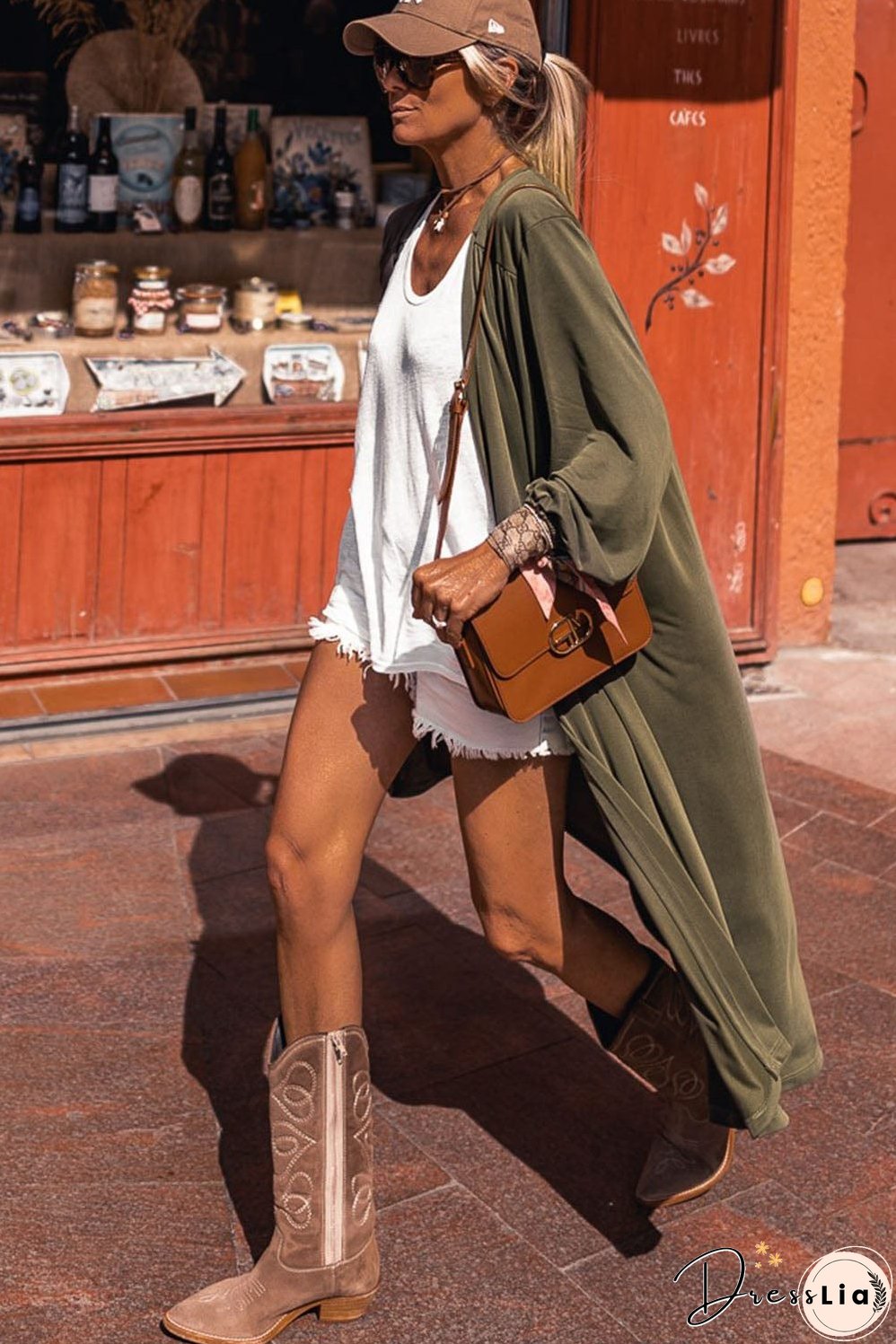 Green V-Neck Maxi Duster Cardigan with Captivating Patterns and Textures