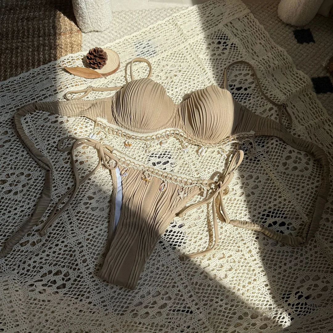 Churchf 2025 New Solid-Colored Shell Petal Hard-Pack Sexy Split Swimsuit Bikini Bikini