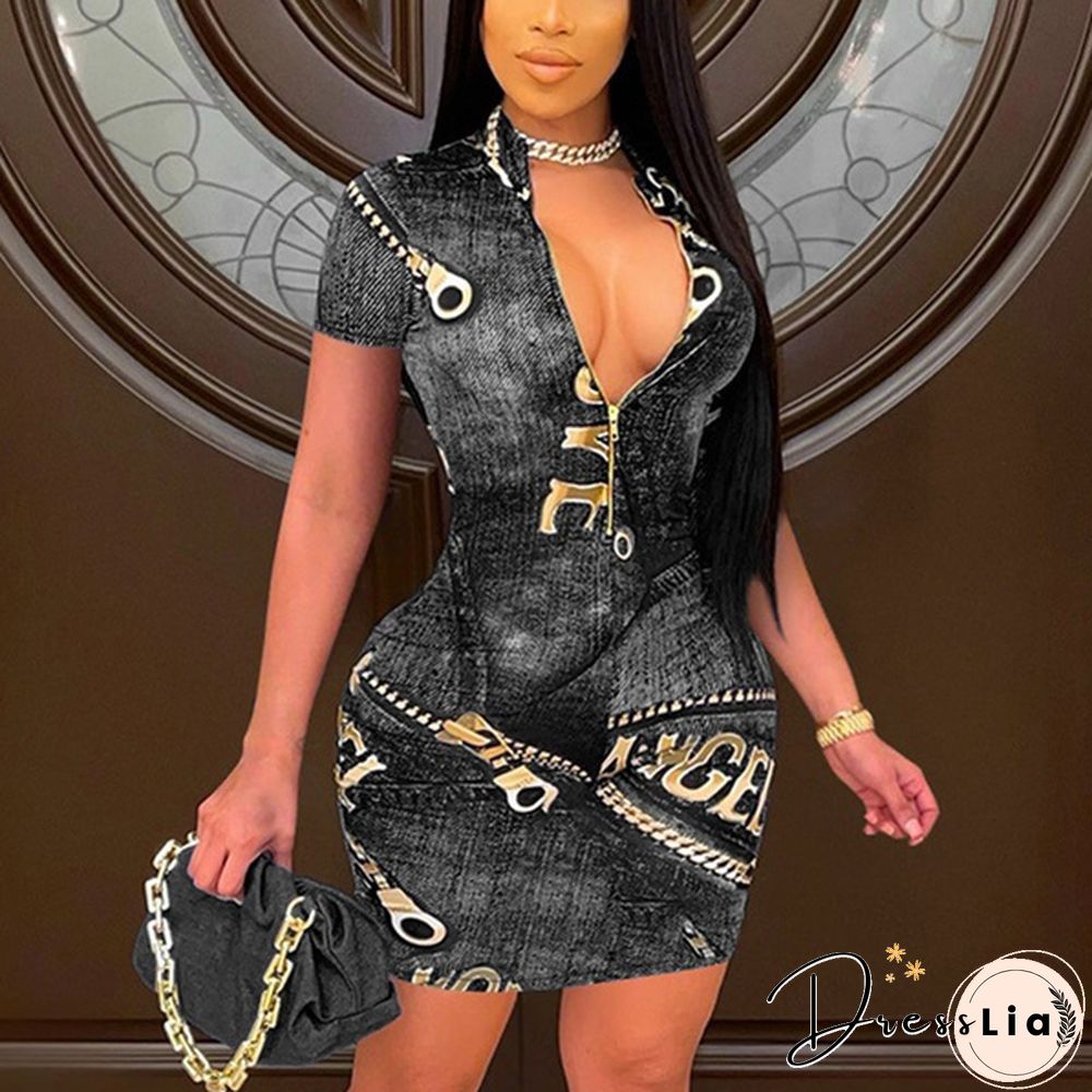 Summer New Fashion Women's Short Sleeve Vintage Printed Casual V-Neck Dress Loose Plus Size Summer Zipper Print Dress