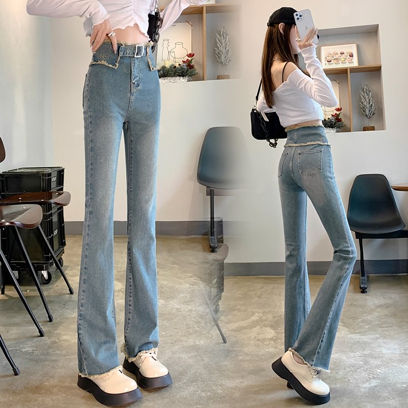Raw edge flared jeans women's high waist slim fit elastic wide leg