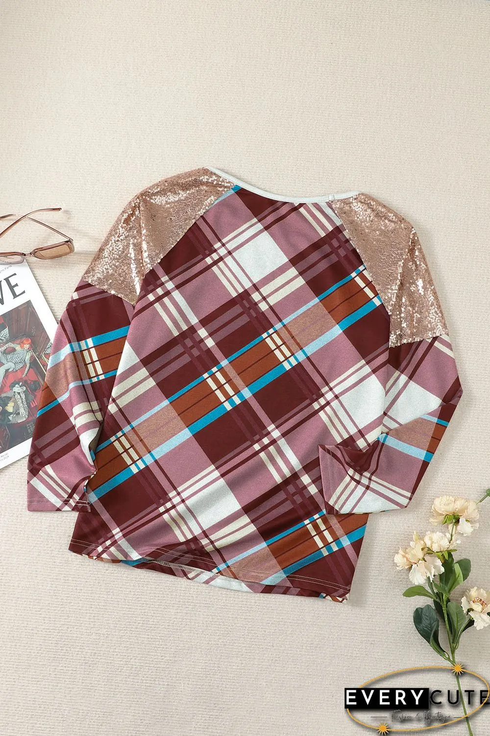 Sequin Shoulder Splicing Plaid Long Sleeve Top