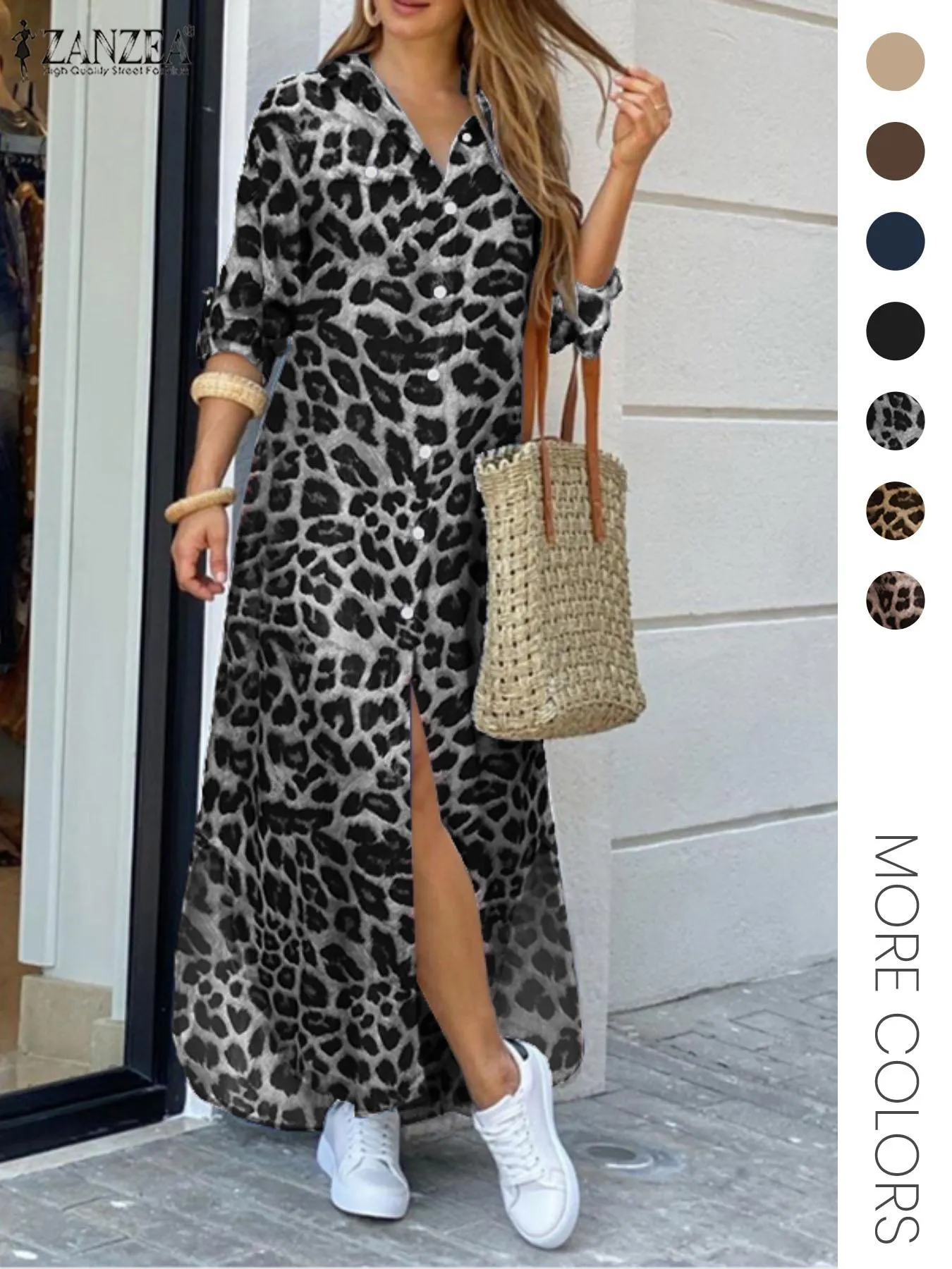 Women's Leopard Print Button Front Flap Pocket Shirt Fabric Dress, Casual Curved Hem Long Sleeve Collared Long Dress for Daily Wear, Ladies' Clothes for All Seasons, Womenswear