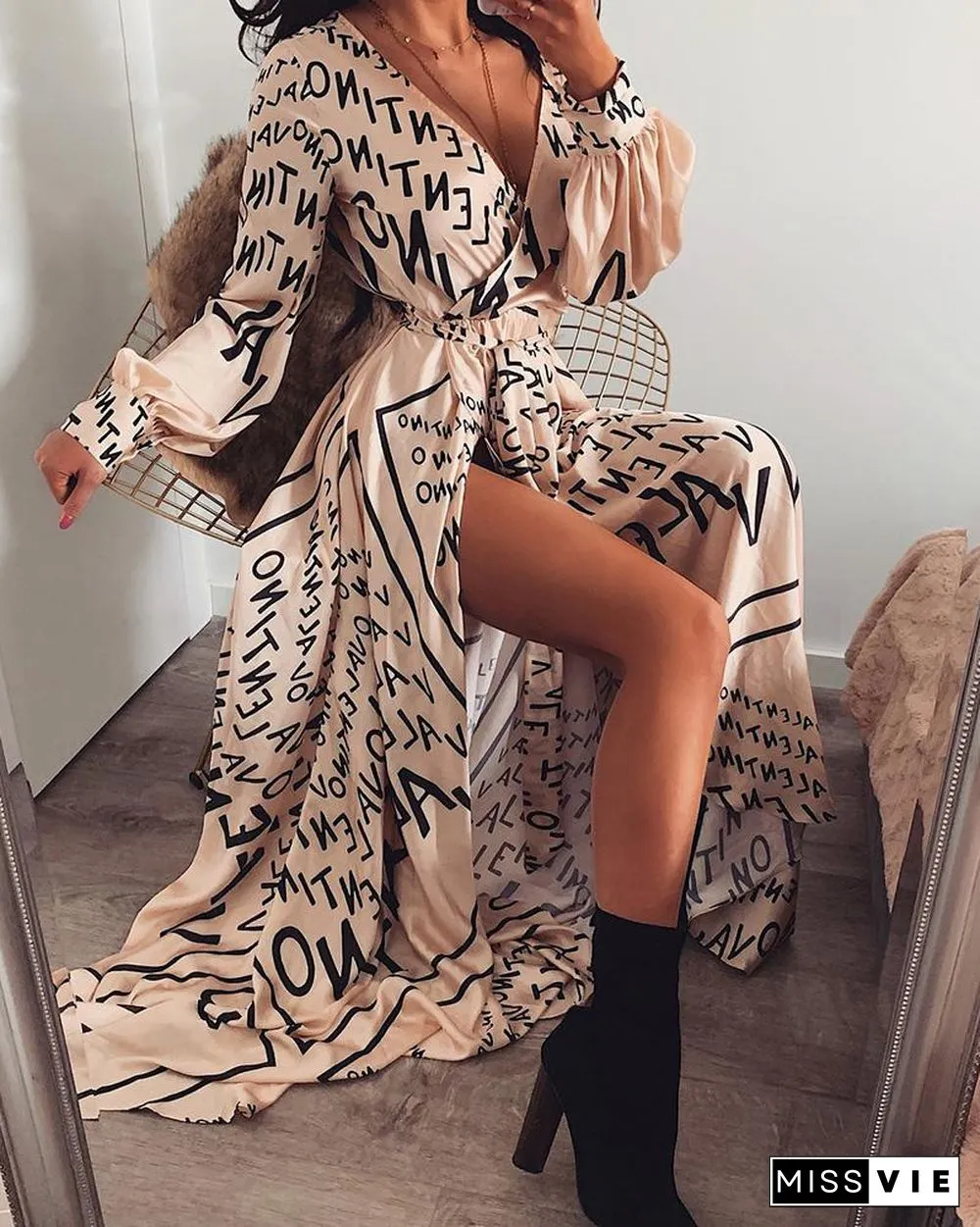Letter Print Lantern Sleeve High Slit Maxi Dress P13222