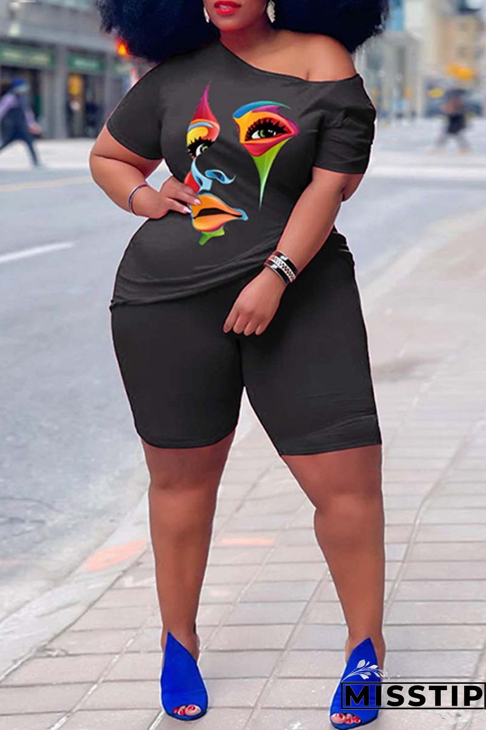 Orange Casual Print Basic Oblique Collar Plus Size Two Pieces