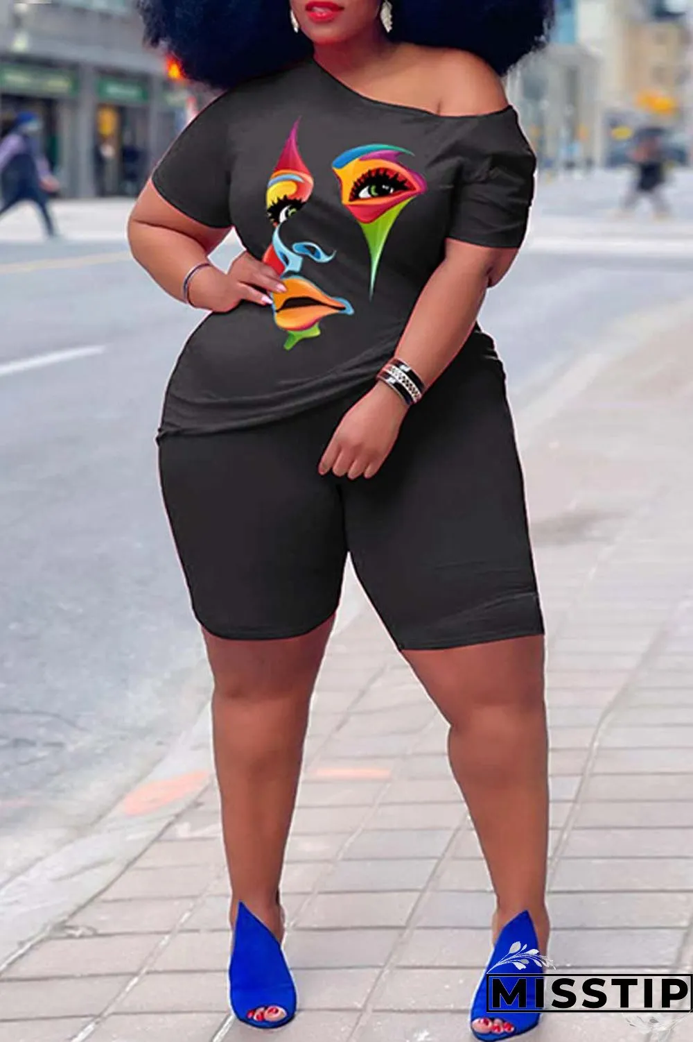 Orange Casual Print Basic Oblique Collar Plus Size Two Pieces