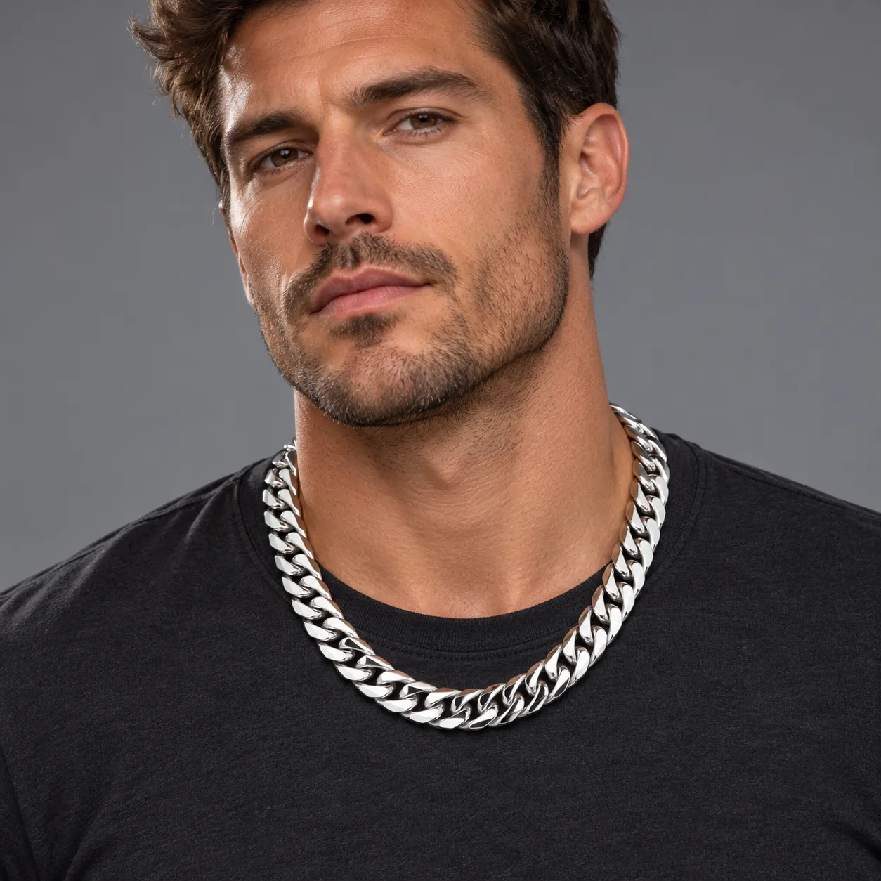  Men&rsquo;s Silver-Tone Titanium Steel Diamond-Cut Miami Cuban Link Necklace, 9&ndash;21mm
