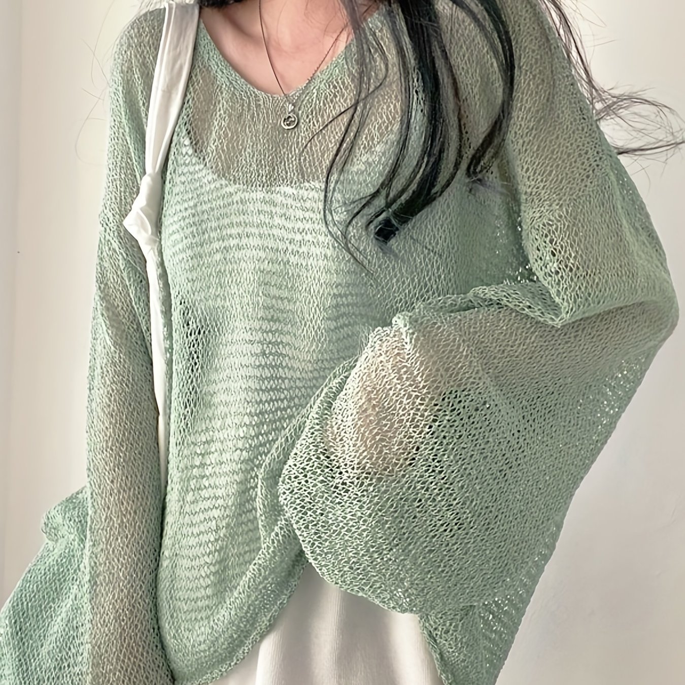 Solid Knitted Pullover Top | Casual Crew Neck Long Sleeve Crochet Cover-Up for Women