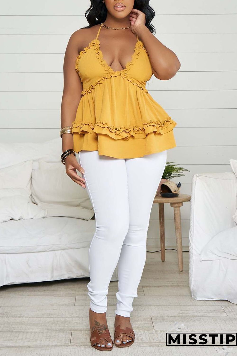 Yellow Casual Sweet Solid Patchwork Fold Stringy Selvedge Spaghetti Strap Tops