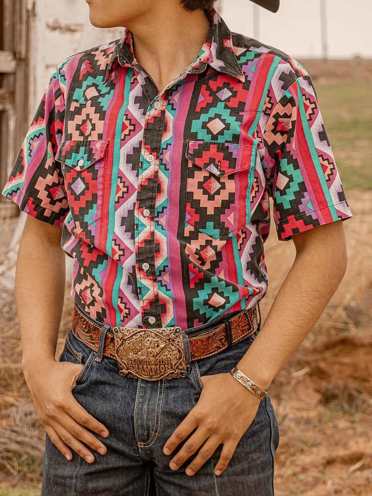 Men's Vintage Cowboy plaid short sleeve Shirt