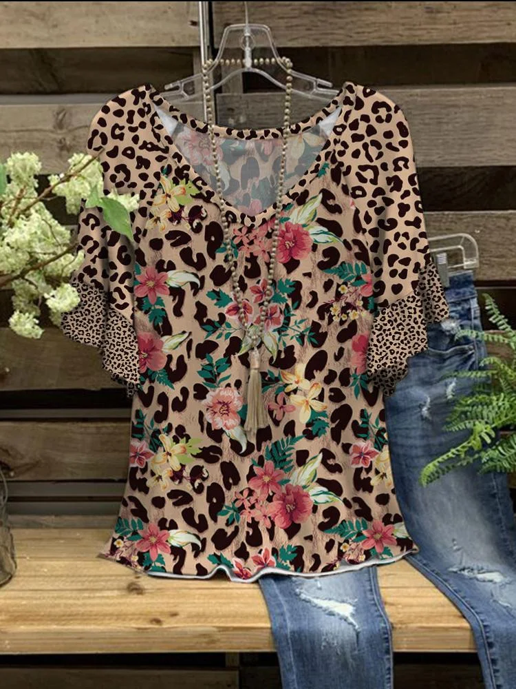 Women's New Summer V-neck Flowers Leopard Print Short-sleeved T-shirt
