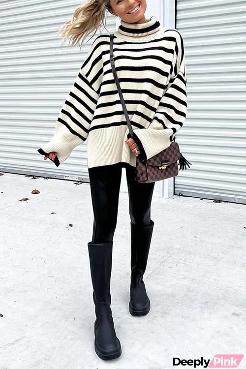 Stripe High Collar Flares Sleeve Sweater