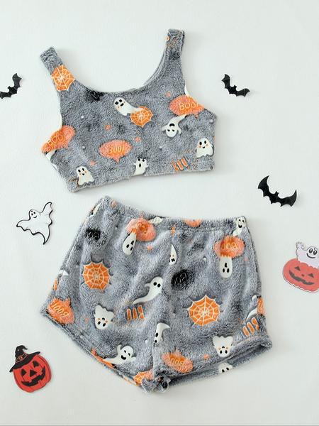 4 Counts/2 Set Women's Halloween Print Glow in The Dark Crop Tank Top & Elastic Waist Shorts Fluffy Pajamas, Casual Comfortable Loungewear for Women, Comfy Loungewear for Women, Women's Sleepwear for Fall, Fluffy Pajamas