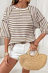 Women's Casual Brown Stripe Textured Knit Split Hem Half Sleeve Loose Top