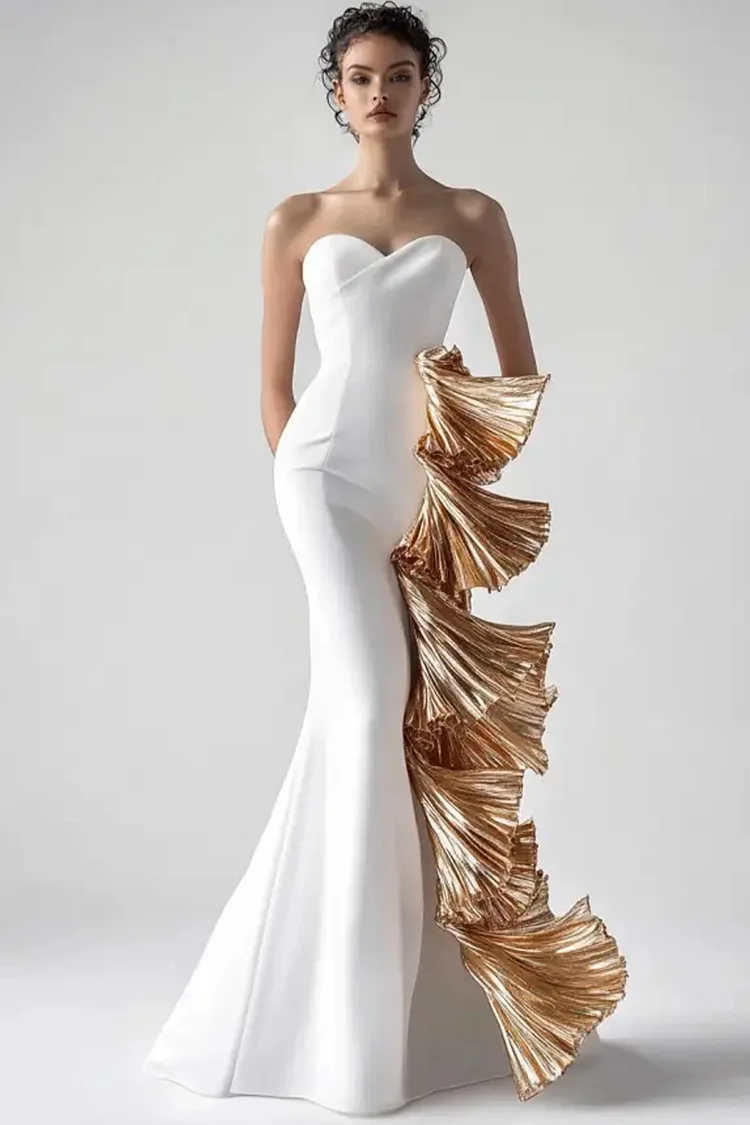 Strapless Metallic Layered Splicing Maxi Dress-White [Custom-Made]