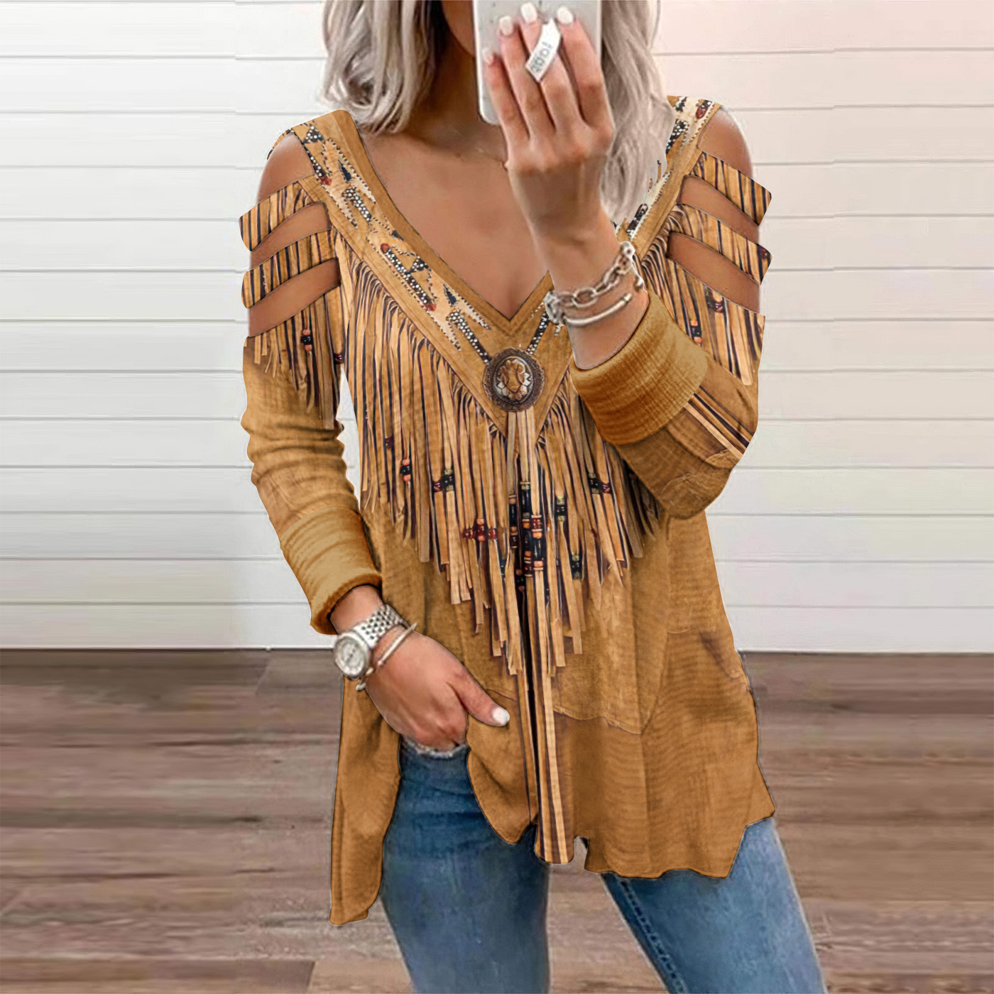  Women's Tribal Printed Hollow Out Casual T-Shirt Westsshops